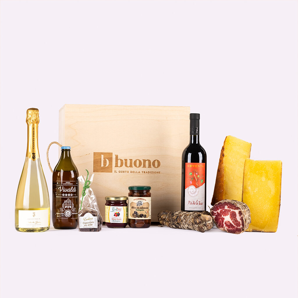 Coffret de dégustation en bois des meilleurs produits typiques de Brescia